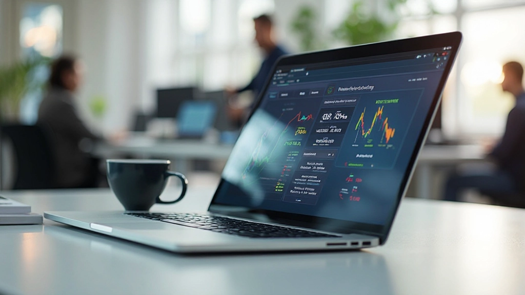 Moderne werkplek met laptop waarop websiteprestatie-statistieken zichtbaar zijn, helder kantoorlicht, gefocuste werksfeer